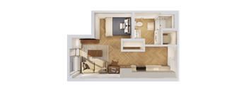 A 3D floor plan of a modern apartment with a living room, kitchen, and bathroom.