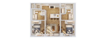 A 3D floor plan of a house with a living room, kitchen, and two bedrooms.