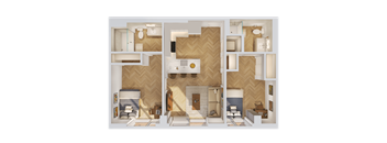 A 3D rendered image of a house layout.