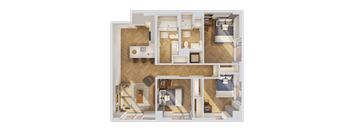A detailed 3D floor plan of a small apartment layout.