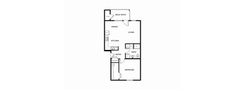 A floor plan of a small apartment with a kitchen, living room, and bathroom.
