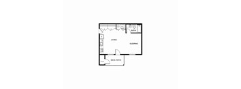 A floor plan of a small apartment with a living room, a sleeping area, and a bathroom.