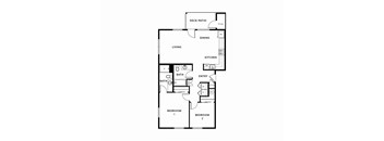 A floor plan of a house with two bedrooms, a living room, a dining room, a kitchen, a bathroom and a deck/patio.
