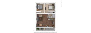 A floor plan of a small apartment with a living room, kitchen, and bathroom.