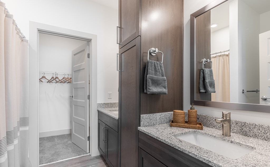 A bathroom with a sink, mirror, and a walk-in shower.
