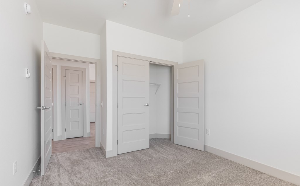 A room with two doors and a carpeted floor.