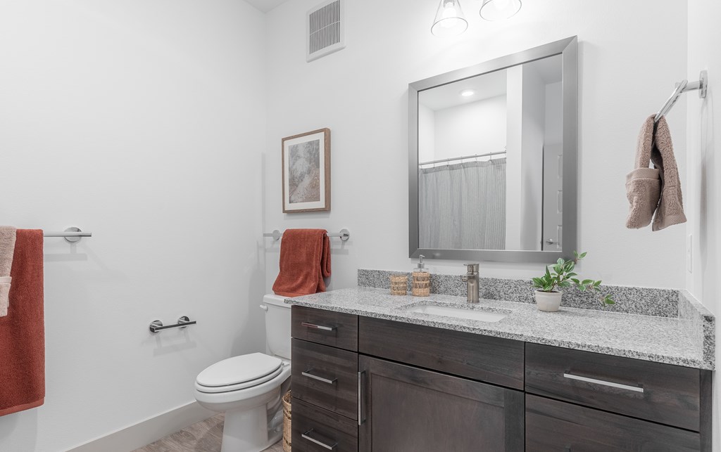 A bathroom with a toilet, sink, and a mirror.