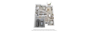 A 3D floor plan of a house with two bedrooms, a living room, a kitchen, a bathroom, and a garage.