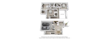A 3D floor plan of Polaris Townhome with two bedrooms, a living room, a kitchen, and a garage.