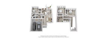 A floor plan of Solar Townhome at Tidewater Community with two bedrooms, two bathrooms, a living room, a kitchen, and a garage.