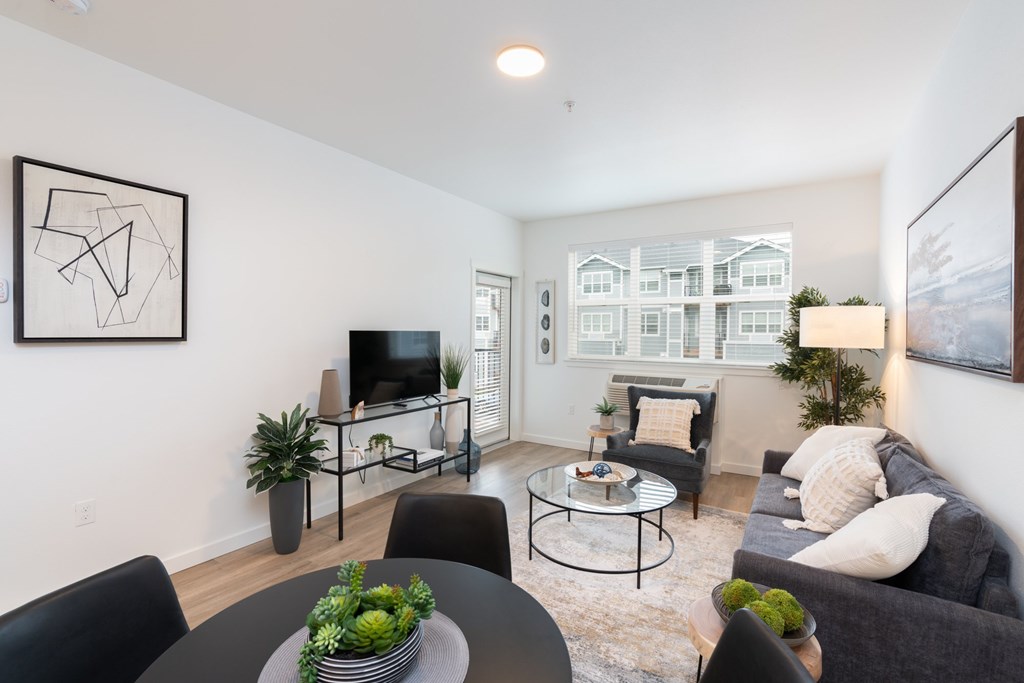 A living room with a grey couch, a black coffee table, and a television.