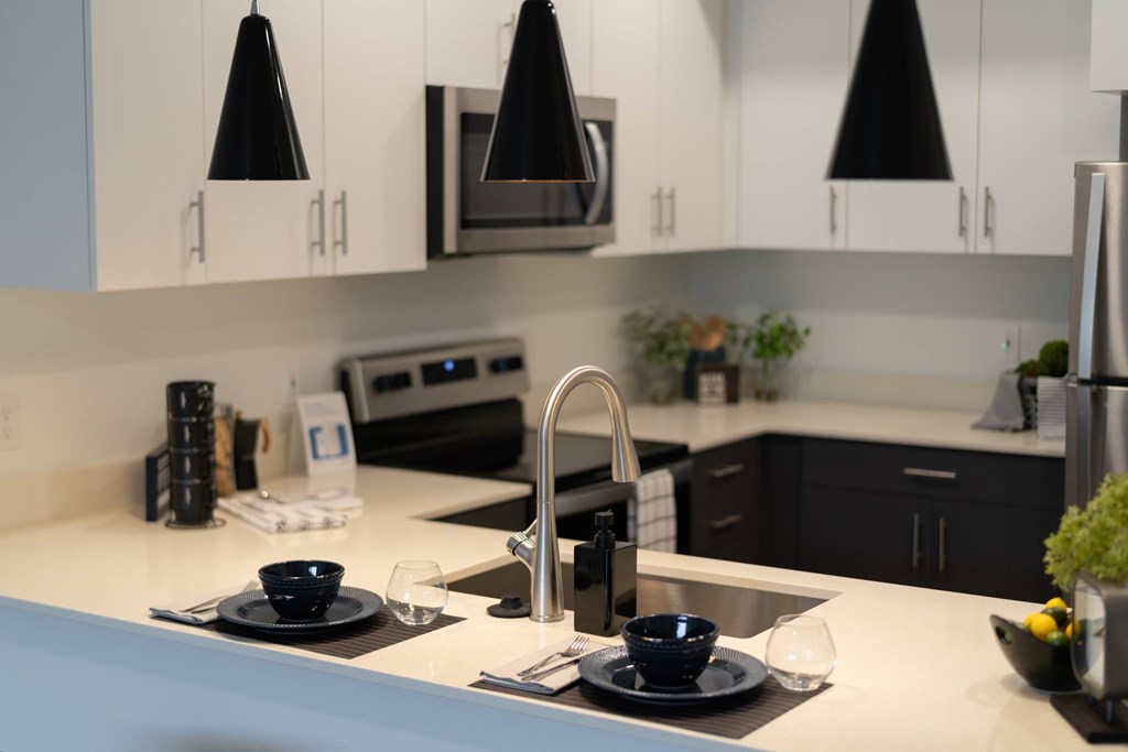 A modern kitchen with a black and white color scheme.