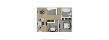 A floor plan of a small apartment with a kitchen, living room, and bedroom.