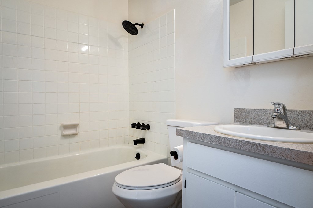a bathroom with a sink toilet and bath tub