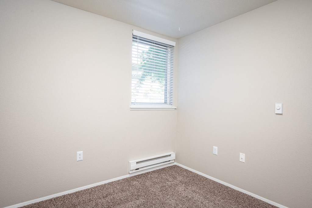 an empty room with carpet and a window
