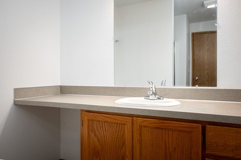 A bathroom with a sink and wooden cabinets.