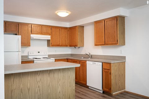 A kitchen with wooden cabinets and a white dishwasher.