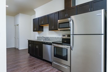 Kitchen with dark cabinetry and stainless steel refrigerator, stove/oven, microwave and dishwasher. - Photo Gallery 11