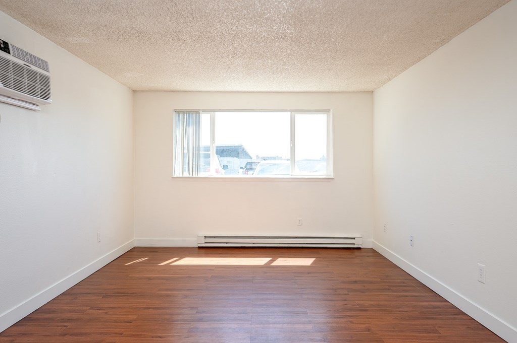 A room with a window and a radiator on the floor.