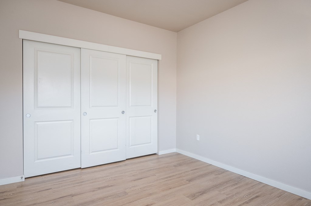 a bedroom with two closets and a wood floor