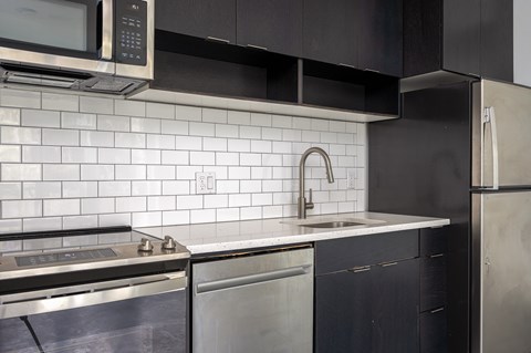 A kitchen with a stainless steel dishwasher and a microwave above it.
