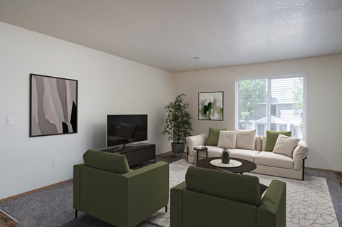 A living room with a green couch and a white couch.