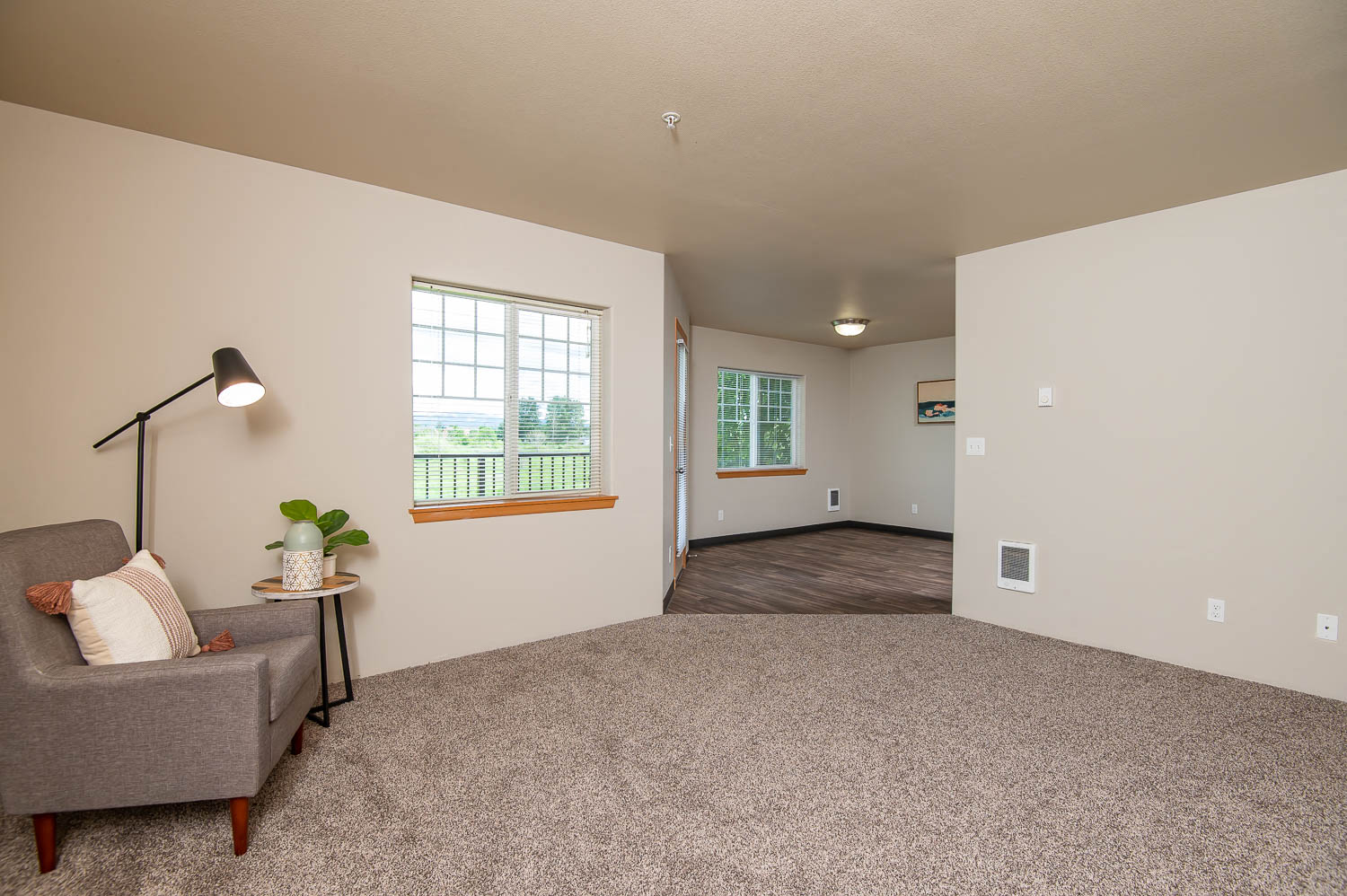 Open Living Room facing Dining Room area
