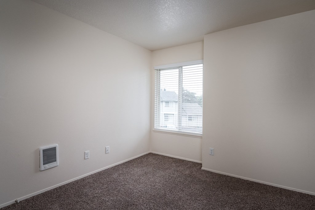 an empty room with carpet and a window