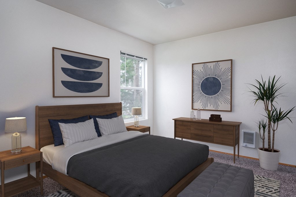 a bedroom with a bed and a dresser and a window