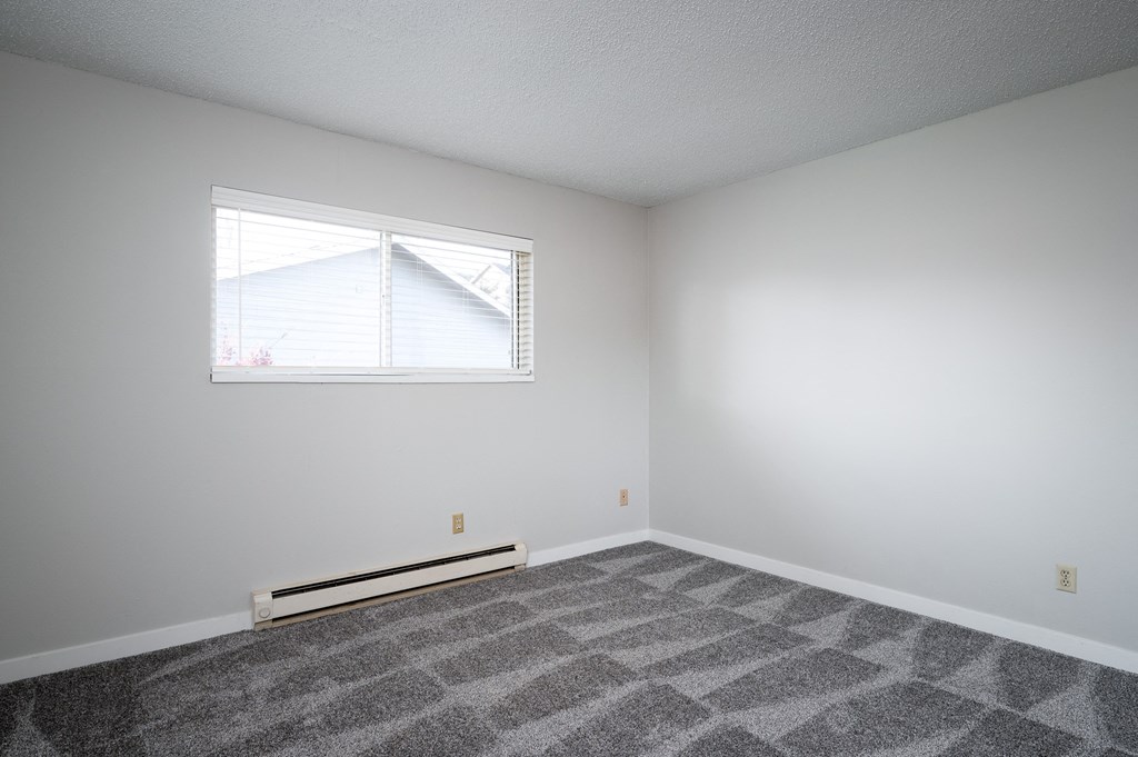 an empty room with carpet and a window