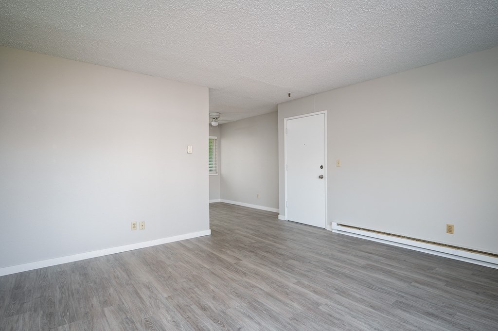 an empty living room with white walls and wood flooring
