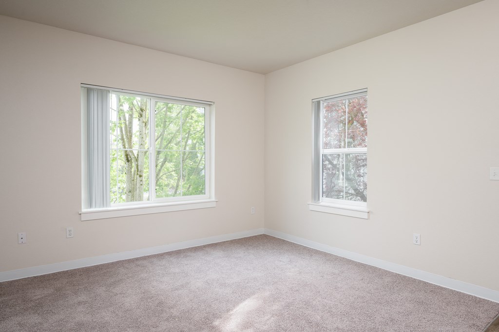 a bedroom with two windows and a carpeted floor