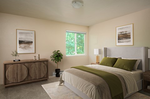 A bedroom with a bed, nightstand, and a window with a plant.