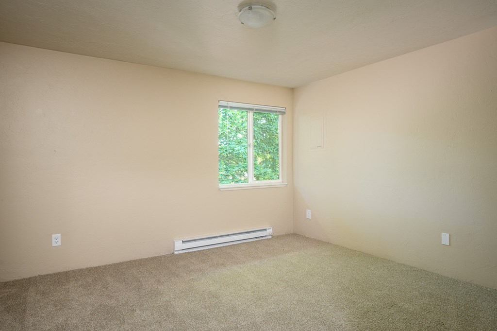 an empty room with carpet and a window