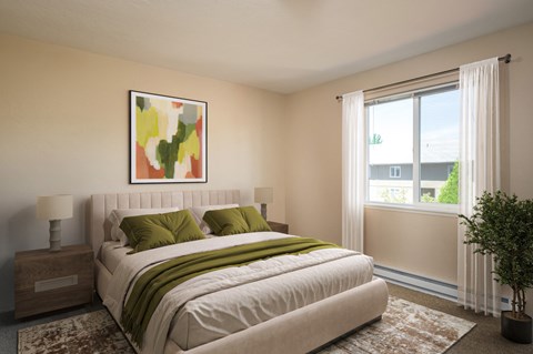 A bedroom with a large bed and a painting on the wall.