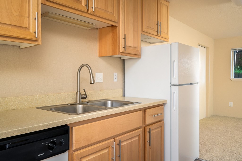a kitchen with a sink and a refrigerator