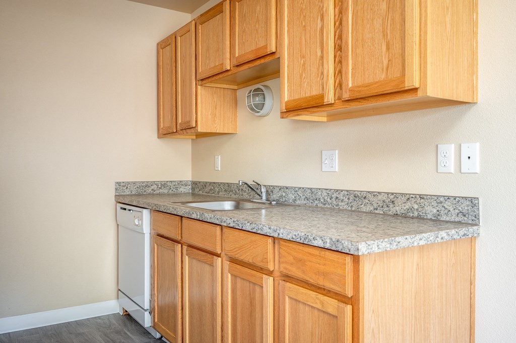a kitchen with wood cabinets and granite counter top and a dishwasher