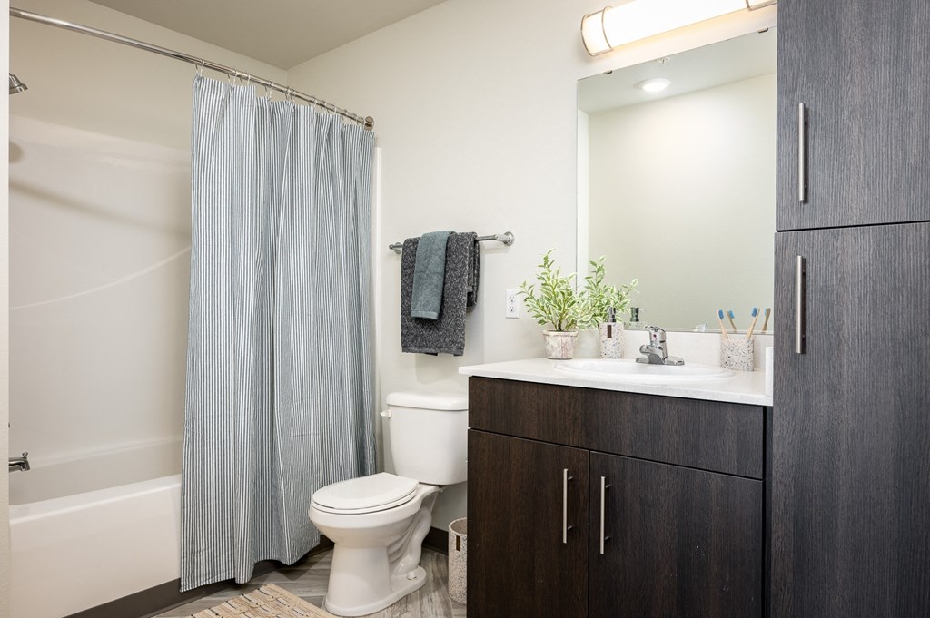 a bathroom with a shower and a toilet and a sink