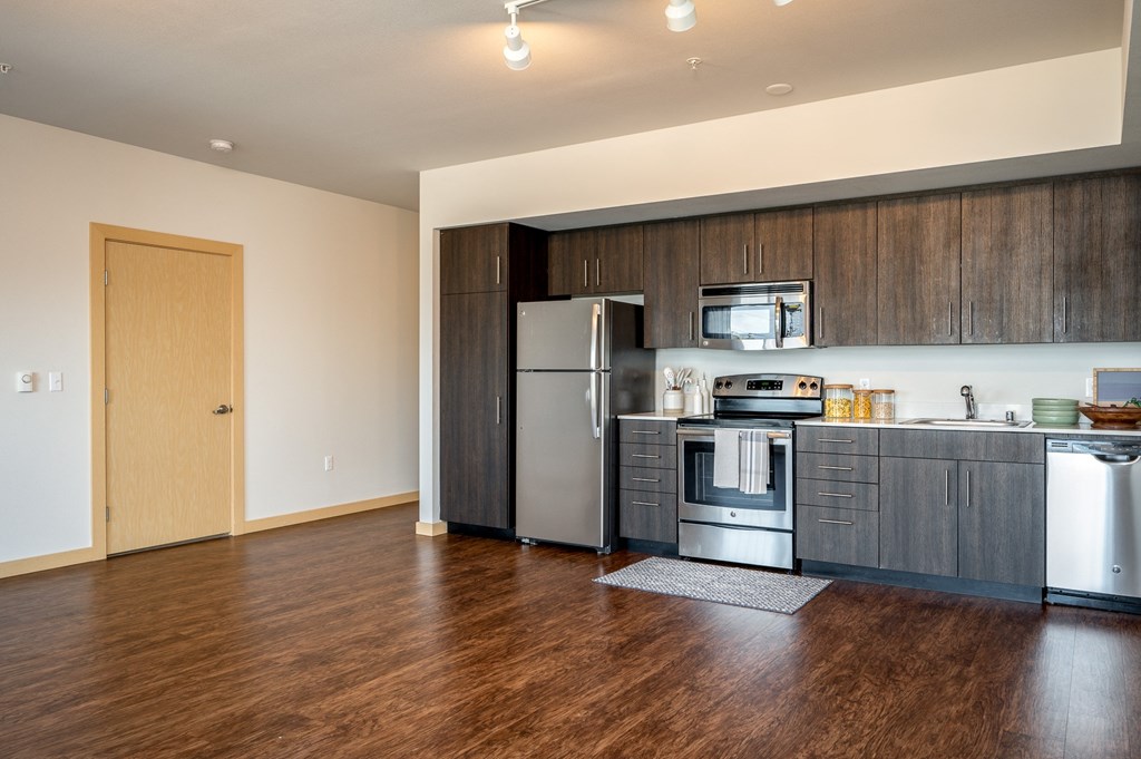 open galley kitchen with dark cabinets and stainless steel appliances