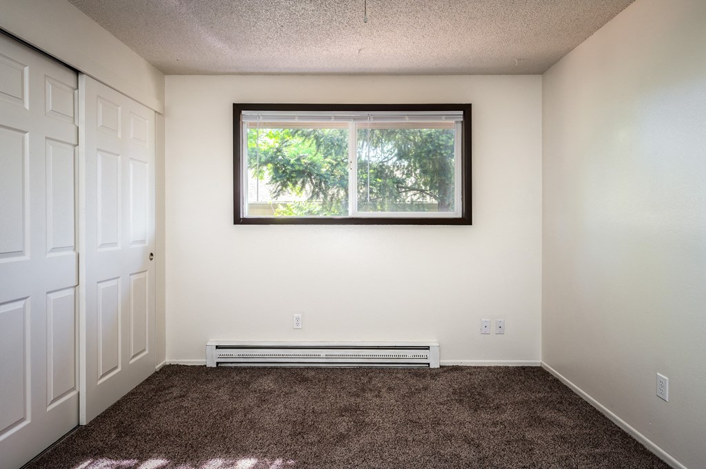 an empty room with carpet and a window