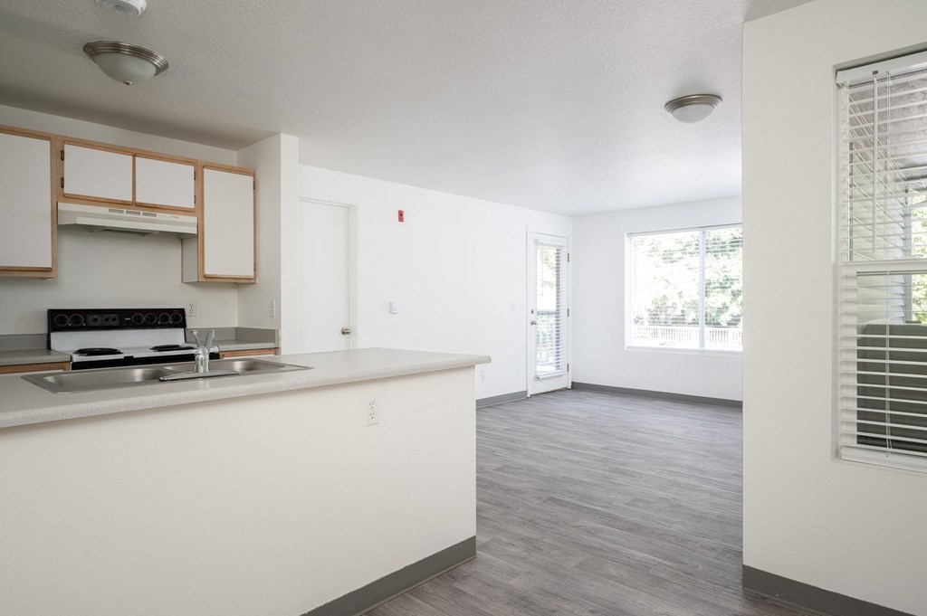 an empty kitchen and living room in a apartment