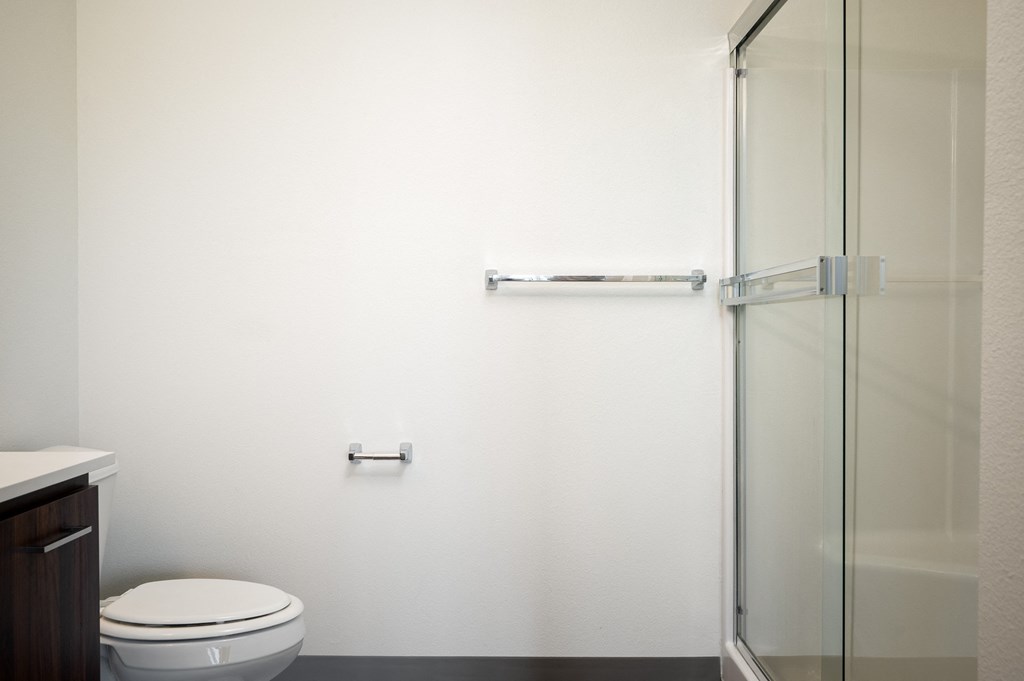 a bathroom with a toilet and a shower