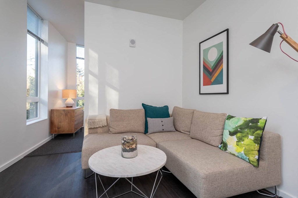 a living room with a couch and a coffee table