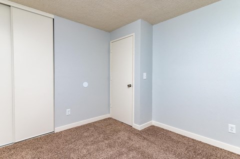 a bedroom with blue walls and carpet and a door