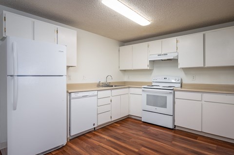 the preserve at ballantyne commons apartment kitchen with white cabinets and appliances
