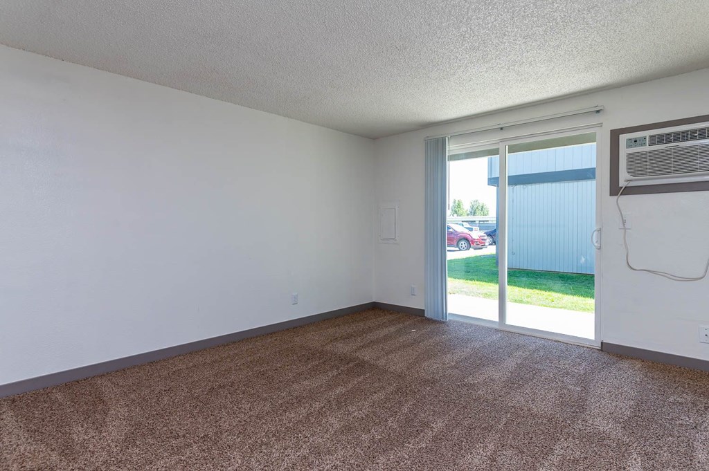 A room with a carpeted floor and a sliding glass door leading to a backyard.