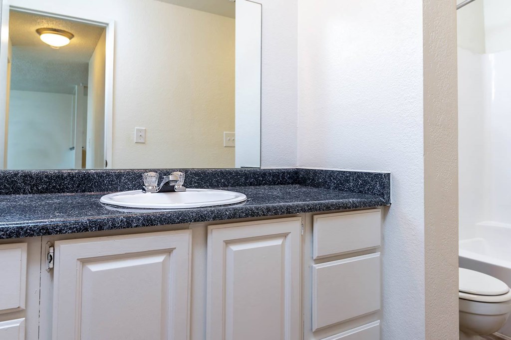 A bathroom with a sink, mirror, and toilet.