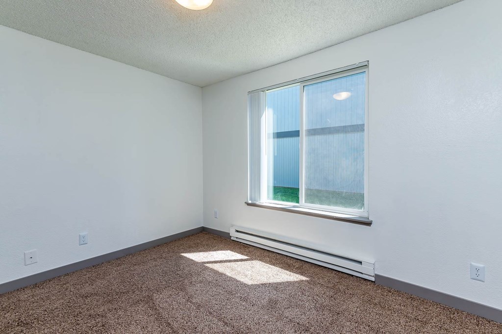 A room with a window and carpeted floor.