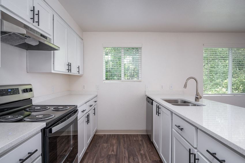 the preserve at ballantyne commons apartment kitchen with stove and sink
