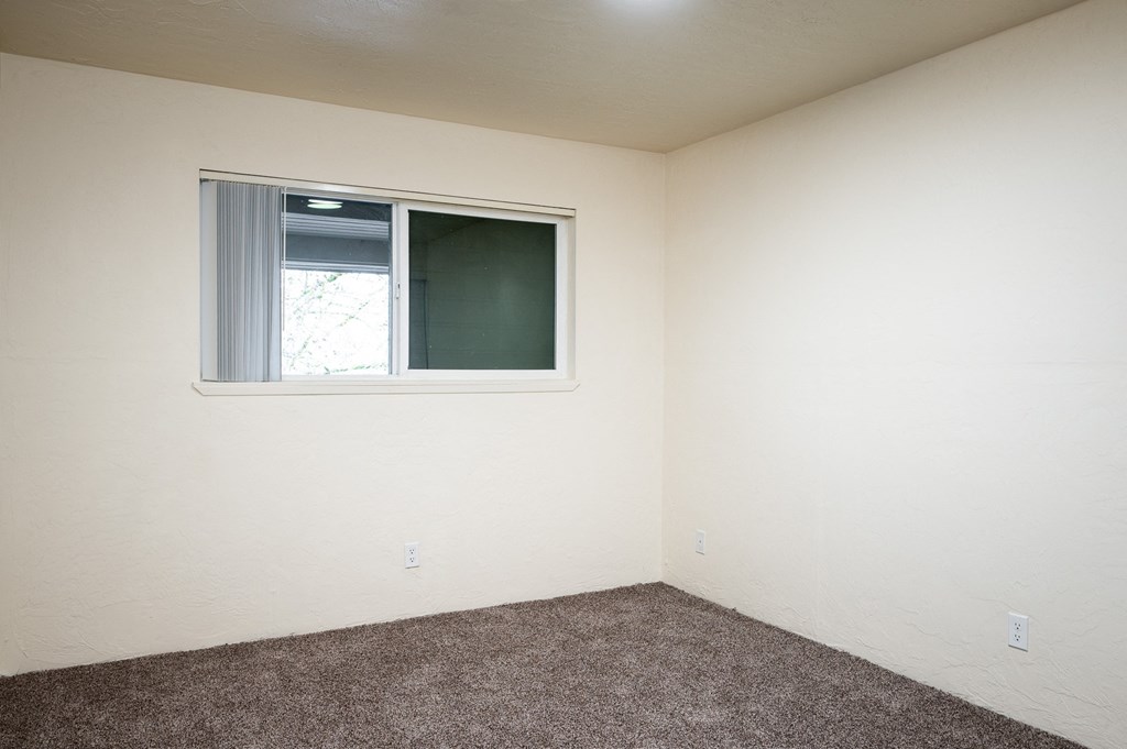 an empty room with a window and carpet